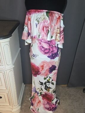 Fashion Nova White Floral Off-Shoulder Dress with Pink & Purple Roses